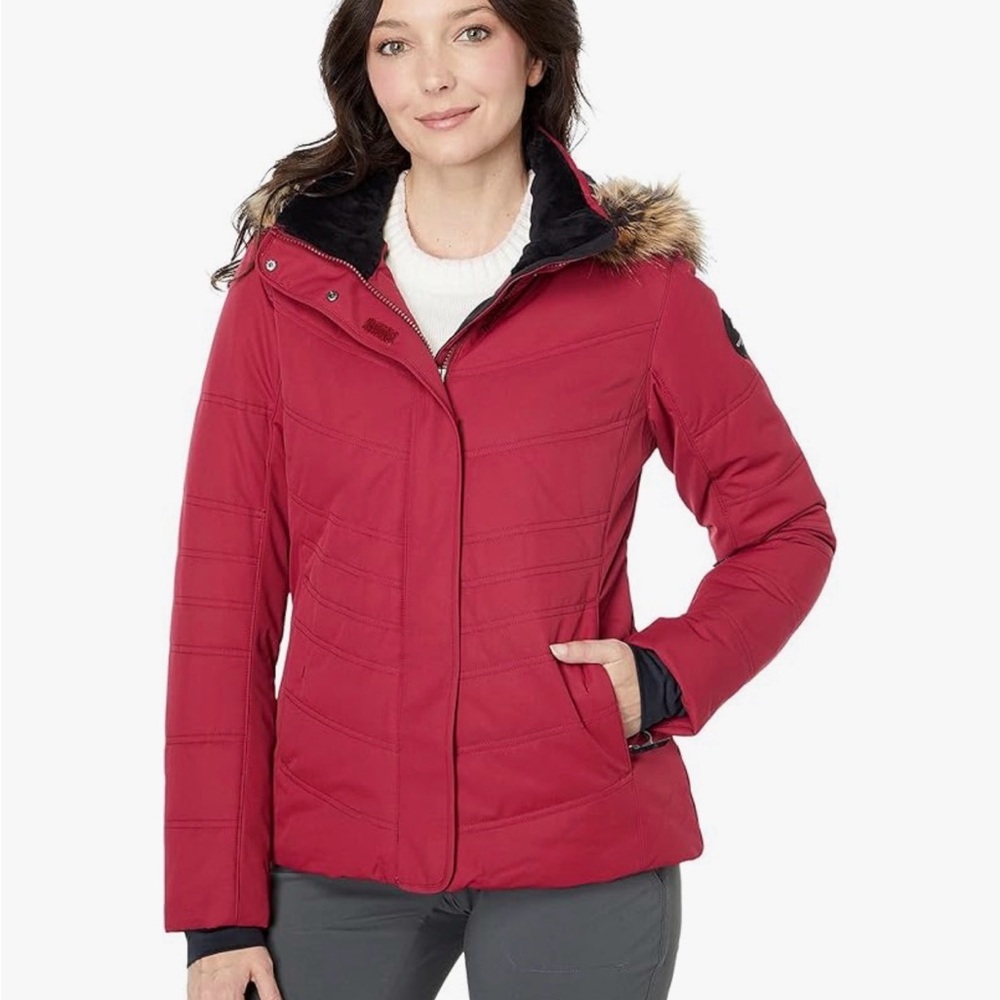Obermeyer Women's Tuscany II Insulated Ski Jacket in red with a faux fur hood